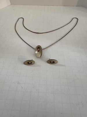 ED LEVIN MODERNIST ELLIPSE BEAD STERLING SIVLER/14k NECKALCE AND POST  EARRINGS