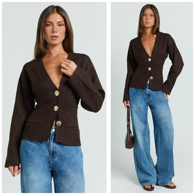 NWT Showpo Nerissa Cardigan Size 2 Brown Cinched Waist Puff Sleeve Wool Contour