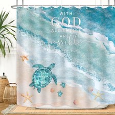 Beach Shower Curtain Coastal Ocean Waves Sea Turtle Seaside Shell Starfish Te...