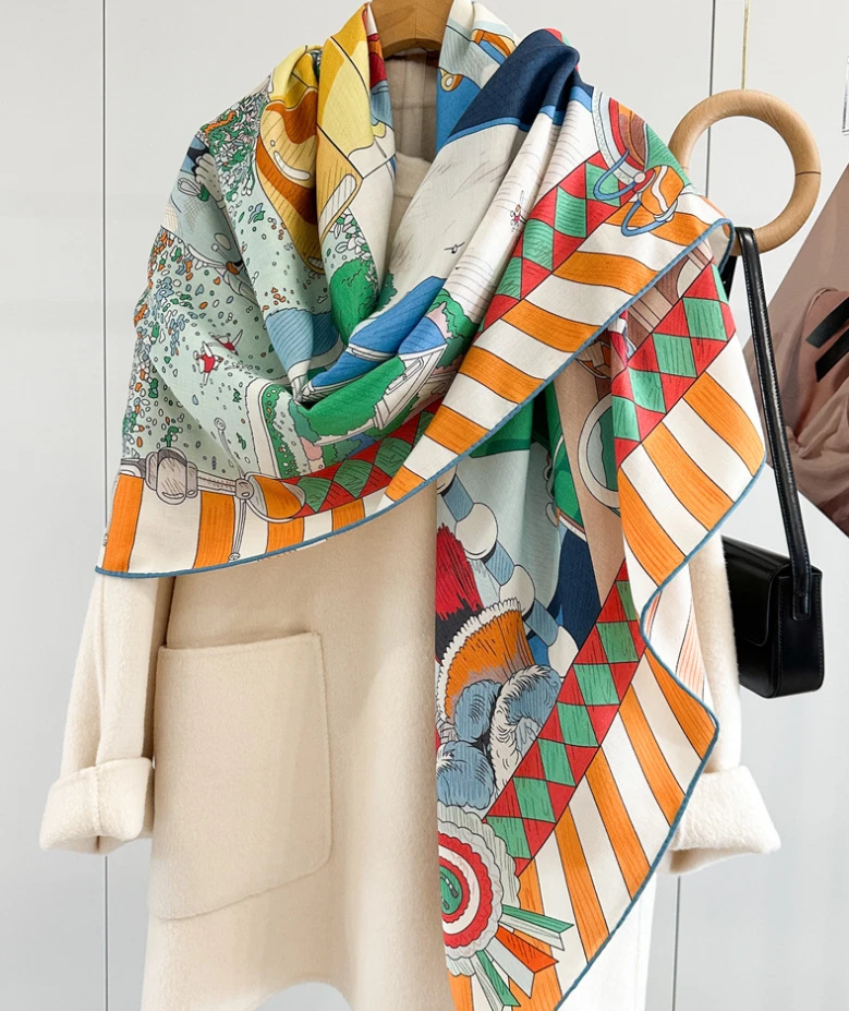 70% Cashmere 30% Silk Neckerchief Double Face Scarf Wrap 53'' Striped lace Print - Изображение 3 из 4