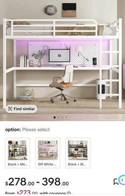 Queen sized loft bed frame with small desk white