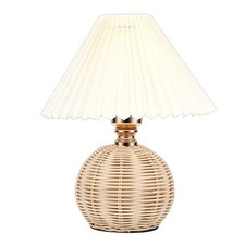 Pleated Table Lamp Soft Yellow Light Linen Lampshade Rattan Base Bedside Lamp