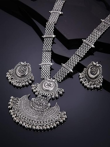 AFGHANI OXIDISED SILVER TONE BOLLYWOOD STYLE LONG NECKLACE SET WOMEN JEWELRY