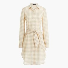 J. Crew Factory Gingham Cover-up Shirtdress Tan White XS BF772 Tie Waist Belt