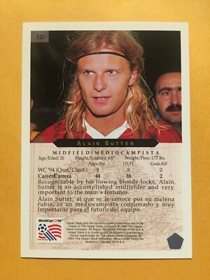 1994 Upper Deck World Cup #130 Switzerland Alain Sutter Soccer