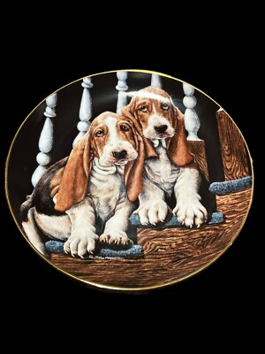  Upstairs, Downstairs'' Plate By Sally Maxwell Collection Basset Hound Pups