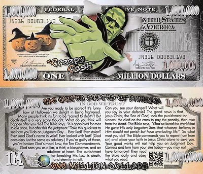 Creepy Cash Halloween Million Dollar Gospel Tract Funny Money Bill + FREE SLEEVE