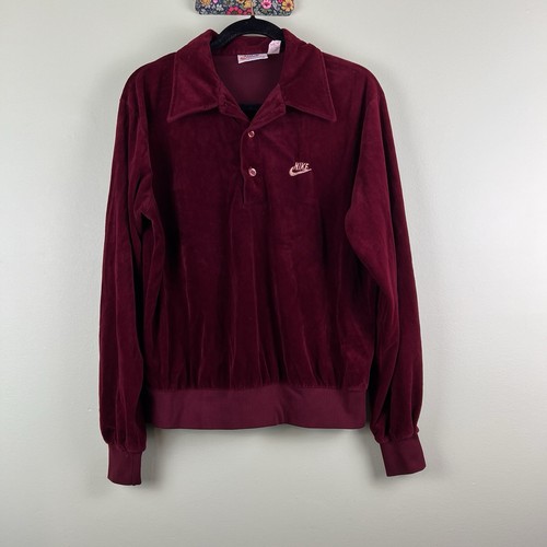 VTG 70s Nike Sz Large Womens Maroon Velour Quarter Button Up Pullover Shirt Top
