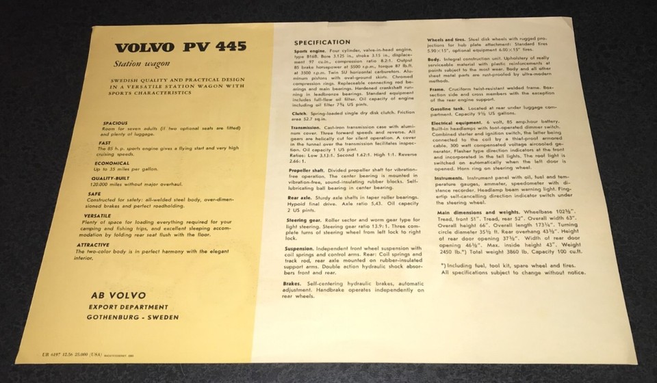 Volvo 1958 PV445 Station-wagon 1-page Sales Brochure Sheet - VERY RARE ...