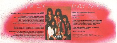 KISS Crazy Nights lyrics  magazine PHOTO / mini Poster 8x3 inches
