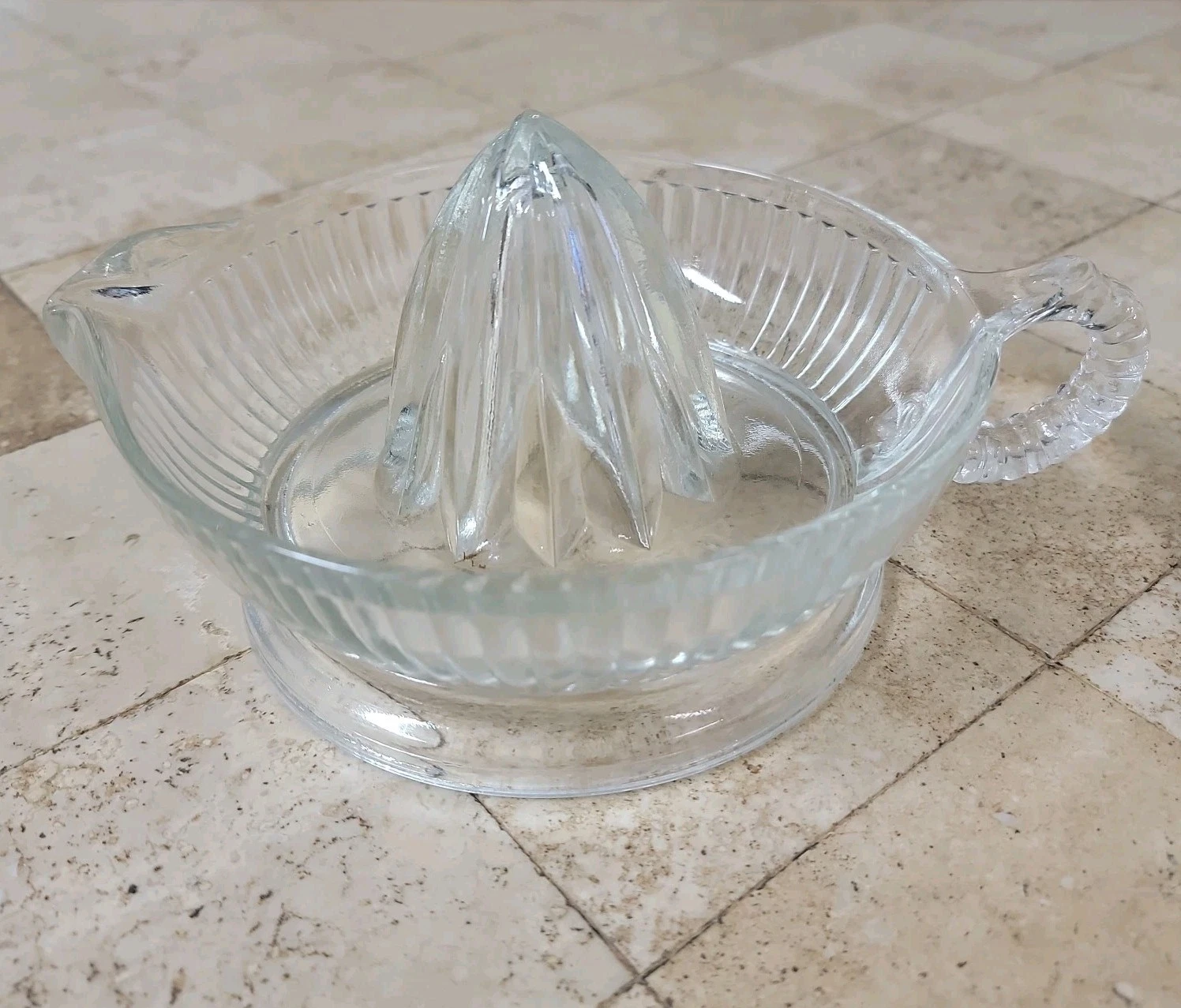 Vintage Mid-Century Clear Ribbed Glass Citrus Juicer Reamer with Handle & Spout