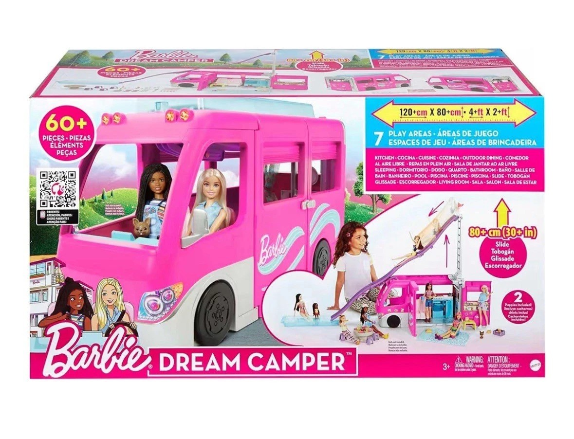Barbie Dream Camper Vehicle Playset, Pink, 60+ Pieces, 7 Play Areas, Slide
