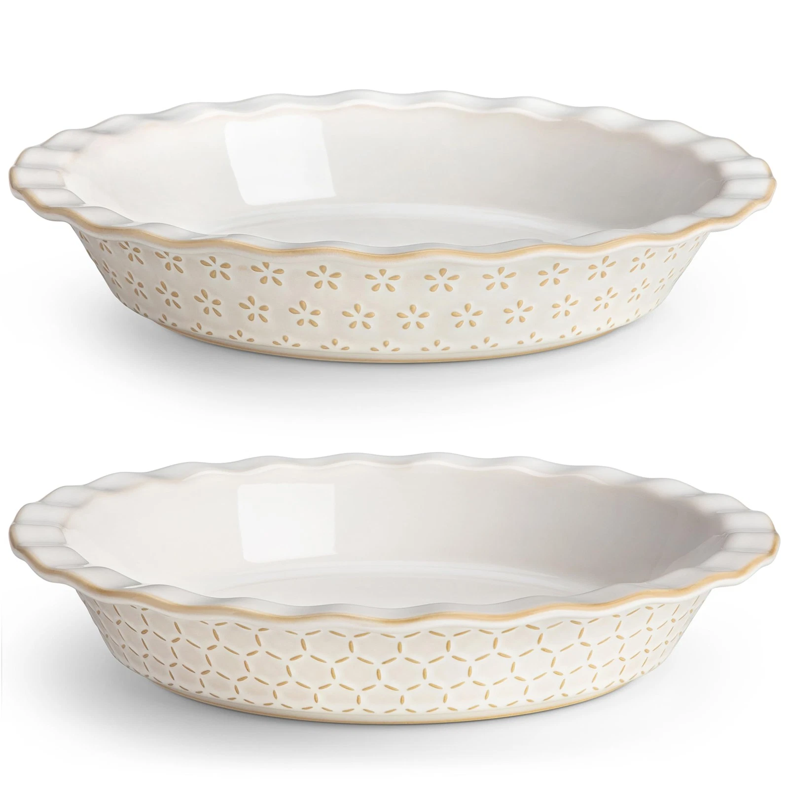 MALACASA 9 Inch Pie Pan, Embossed Deep Dish Plate, 45 OZ Set of 2, Ivory