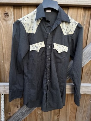 Vintage Ely Plains Shirt Mens Small Black Western Pearl Snap Long Sleeve Cowboy