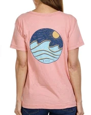 NWT ROXY “Shore Drive” Dusty Pink Cotton T-Shirt Tee w Blue Wave Sun Beach L 
