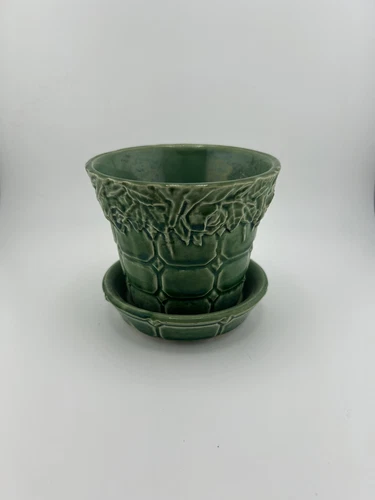 Vintage McCoy Aqua Green Diamond Quilted Flower Pot w/Attached Saucer  4” NM