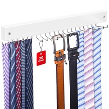 Tie Rack Wall Mounted, Belt Organizer for Men with 20 1 Pack, White