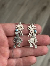STERLING SILVER NATIVE AMERICAN SW KINGMAN TURQUOISE KOKOPELLI 2 1/4” EARRINGS 