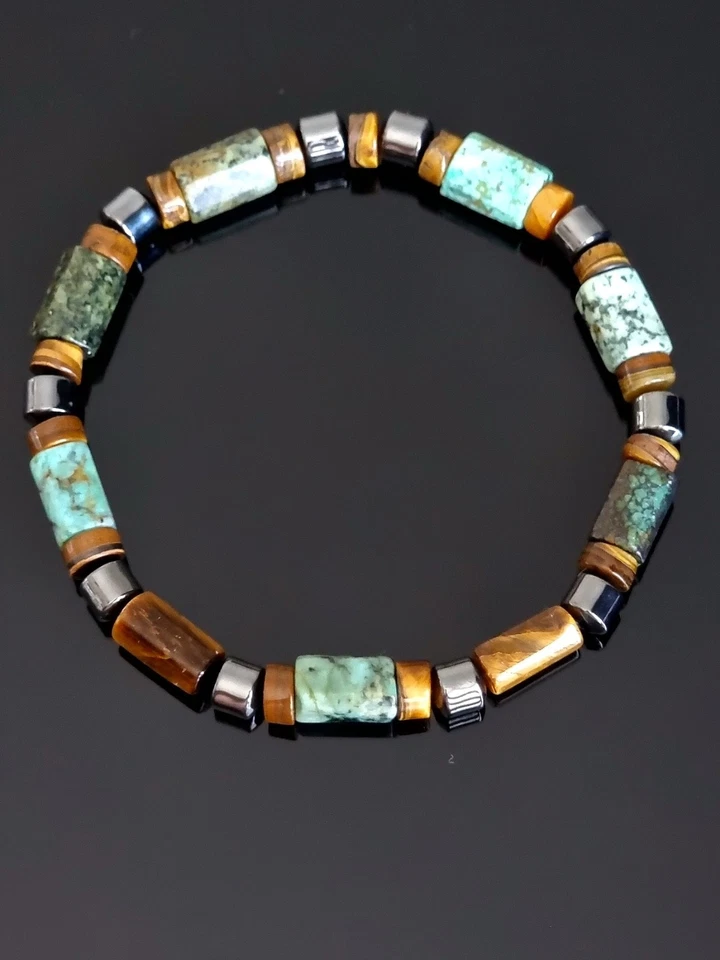 Afrikanischer Türkis/Tigerauge/Hämatit  Armband  20cm Flexibel  Edelstein  Neu - Bild 3 von 4