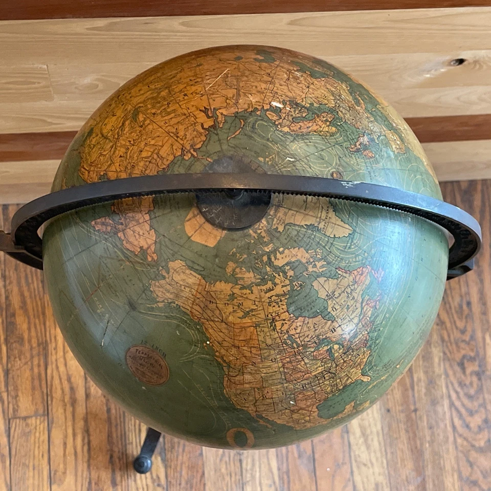 "Antiguo globo de piso terrestre de 12 pulgadas Johnston para soporte de madera Kittinger 36""" Foto 4 de 4