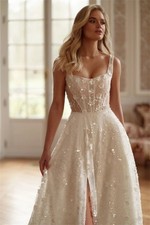 Slit White Zip Wedding Dresses Bridal Beaded Square Collar A-Line Appliques