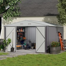 12x10ft Garden Metal Storage Shed w/ Lockable Double Doors Ventilation Apex Roof