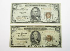 Lot of 2 1929 U.S. National Currency Notes Cleveland Ohio $50.00 & $100.00