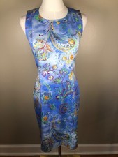 Leggiadro Cotton Blend Blue Paisley Sleeveless Shift Dress Size 4