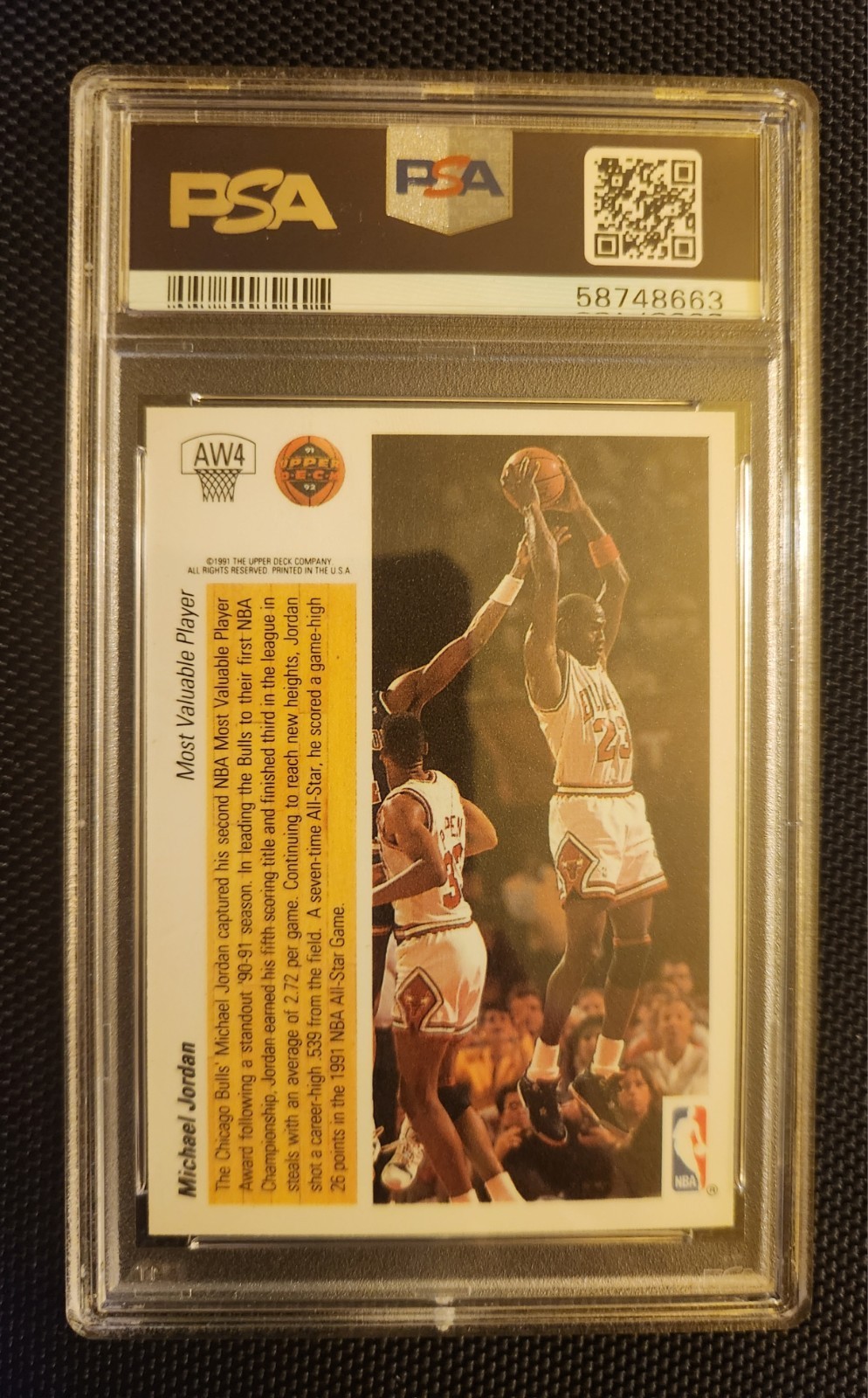 1991 Upper Deck #AW4 Michael Jordan Hologram Award Winner Chicago Bulls PSA 7 view 3