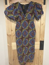 African Ankara Dress Vibrant Colors Hand Geometric Print One Size Puff Sleeves