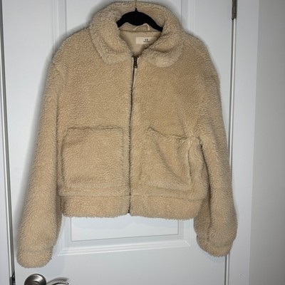 Thread & Supply Taupe Sherpa Faux Shearling Full Zip Bomber Jacket Small JKX6332