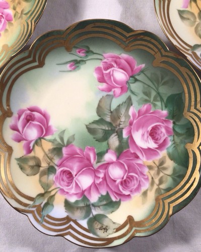 Antique Scalloped Edge TV Limoges France Porcelain Handpainted Roses Plate Set 4 - Picture 4 of 5