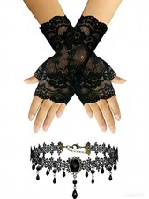 Women's Goth Accessories Set - Black Lace Fingerless Gloves and Velvet Choker Ne
