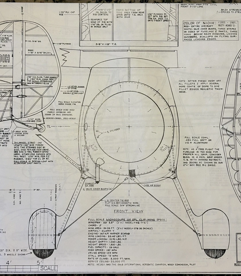 VTG The MONOCOUPE 110 Clip Wing 1938-45 R/C Model Airplane 2” = 1’ 1/6 200% 1/3 - Image 4 of 4