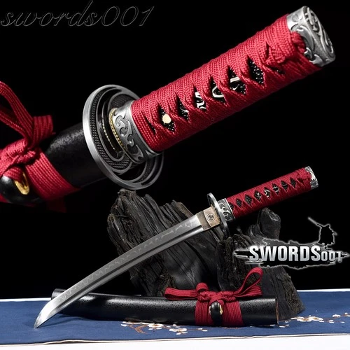 Red Tsukamaki Sageo Japanese Samurai Sword Tanto T10 Steel Clay Tempered Knife