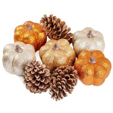Set of 7 Glitter Faux Pumpkins and Natural Pinecones Fall Decor