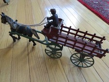 Antique Cast Iron KENTON TOYS Red Horse Drawn Stake Wagon