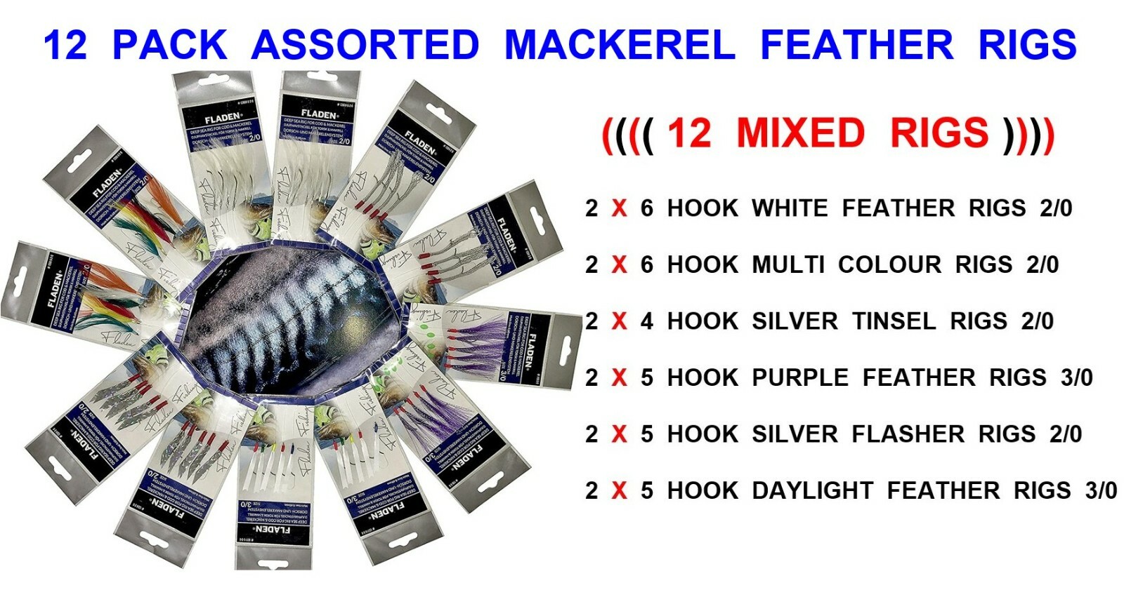 NEW FLADEN 12 PACK MIXED RIGS KAYAK BOAT SEA FISHING LURES COD MACKEREL FEATHERS
