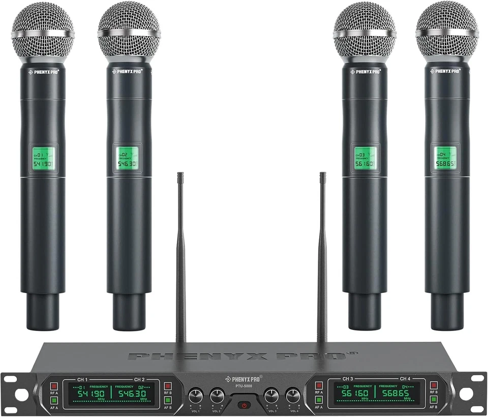 Phenyx Pro Wireless Microphone System, 4-Channel UHF Wireless Mic, Fixed Frequen