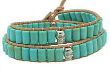 Silver Tone Skull Leather Double Wrap Bracelet Beaded Turquoise Howlite NEW