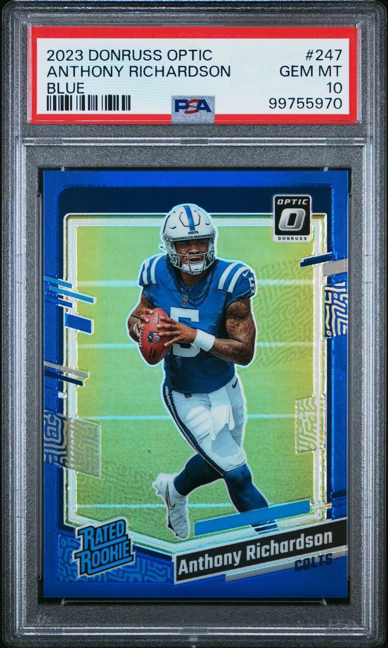 2023 Donruss Optic Anthony Richardson #247 RC True Blue Prizm /199 SP PSA 10
