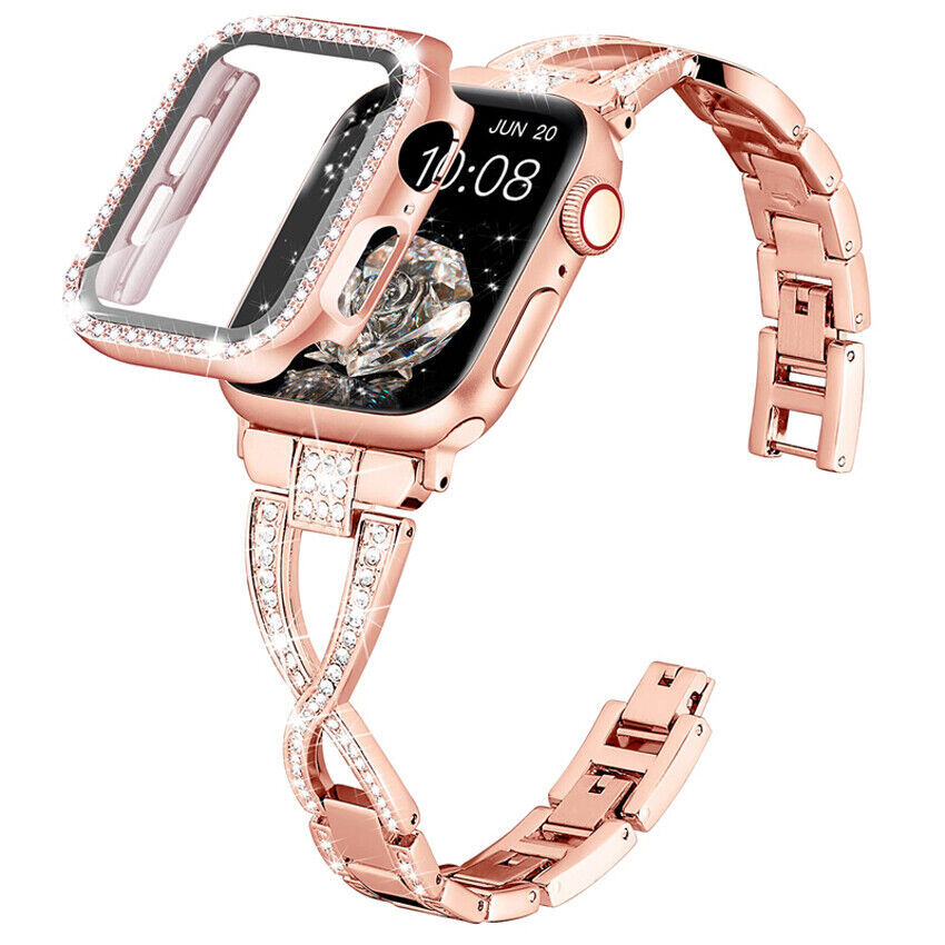 Metal Shiny Case+Bling Band Strap for Apple Watch 7 6 5 4 SE Series Adjustable