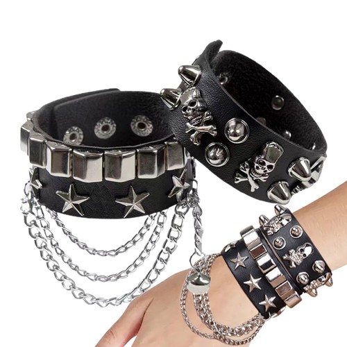 Gothic Spike Bracelet Adjustable Punk Rock Bracelet Black Studded Leather