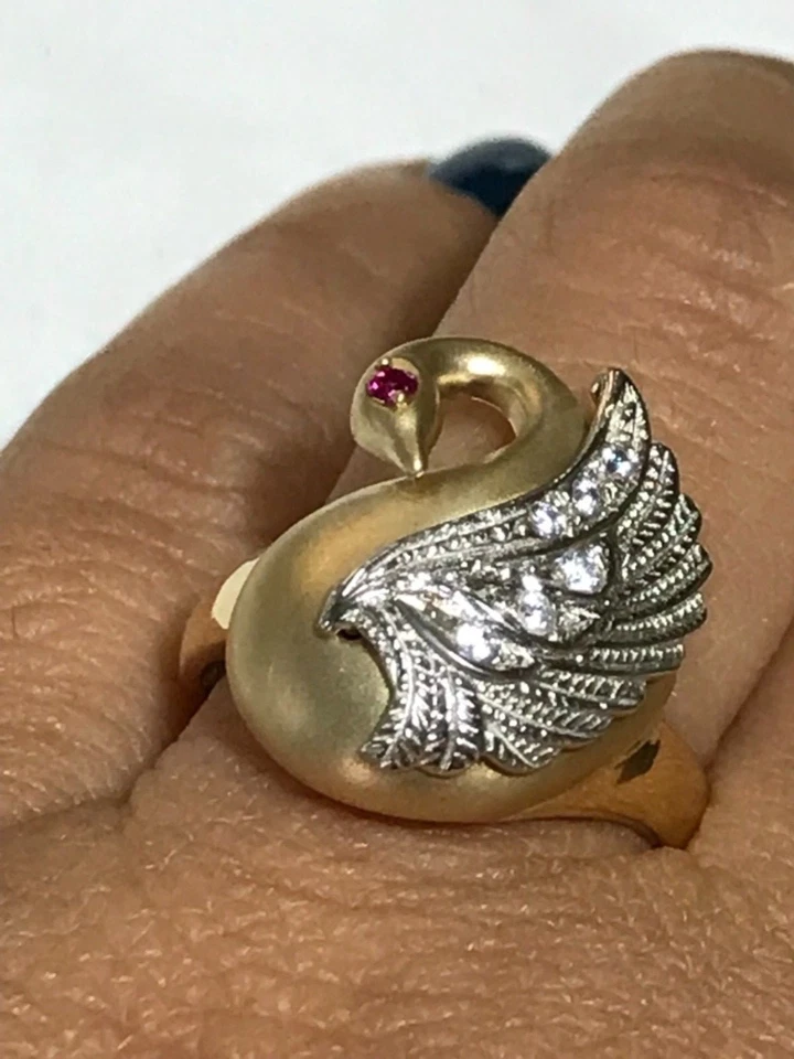 GOLd Swan Ring 14k yellow white cz solid gift her love  size 7 ask  5 6 8 9 - Image 3 of 4