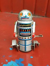 Robot-7 Wind-up Mechanical Tin Litho Robot 3-3/4'' Tall