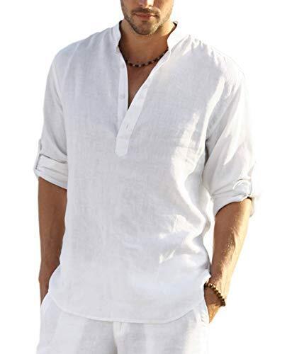 Men's Cotton Linen Henley Shirt Long Sleeve Hippie Casual Beach 4X ...