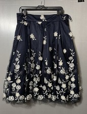 Eliza J Navy Midi Flounce Party Skirt White Flowers Appliqué On Tulle Sz 14