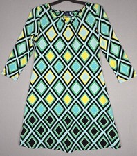 Kaari Blue Dress Keyhole Neck Stretch Comfort Diamond Multicolor Green Size S
