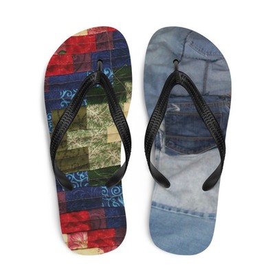 Flip-Flops patchwork photo mismatched denim and rainbow bargello flipflops