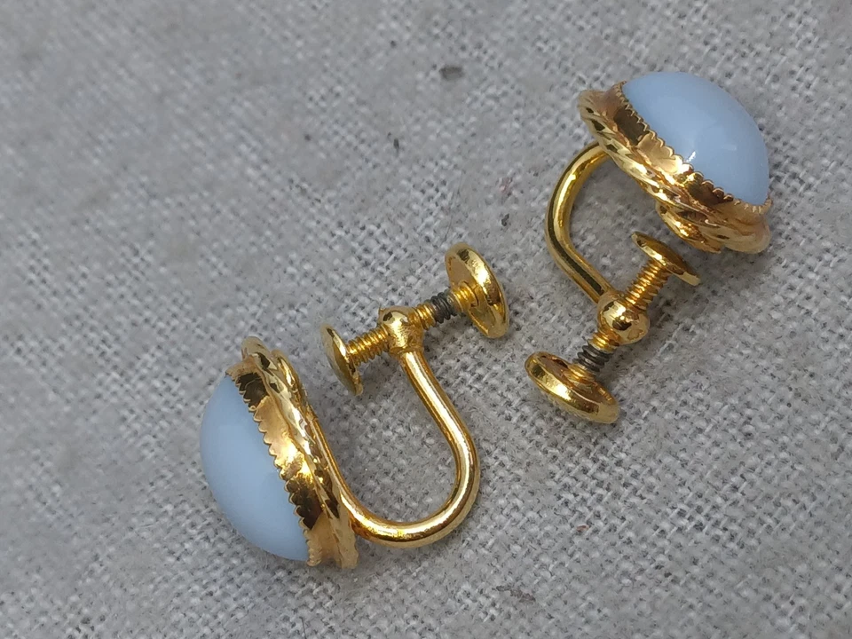 Винтажные серьги с овальным винтом из голубого лунного камня кабошона 12 карат - Изображение 2 из 4